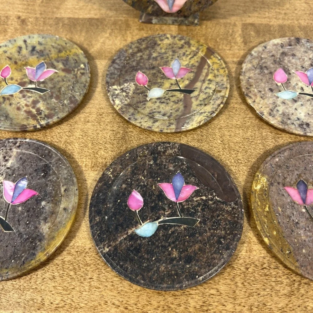 Vintage Marble Floral Mother of Pearl Inlay Coasters Set of 6 W/ Holder